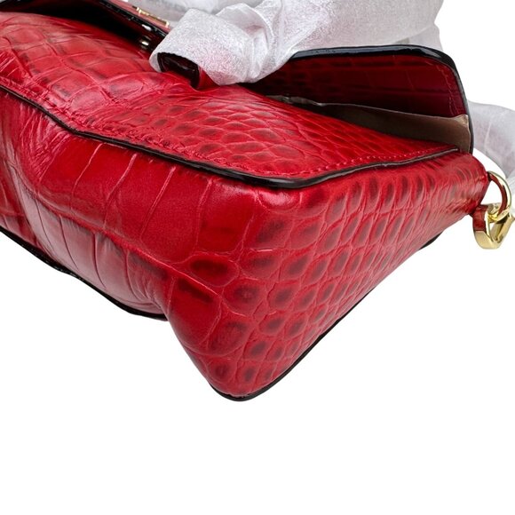 Frances Valentine Red Croc-Embossed Leather Shoulder Bag Long Strap Snap Closure - Picture 4 of 15